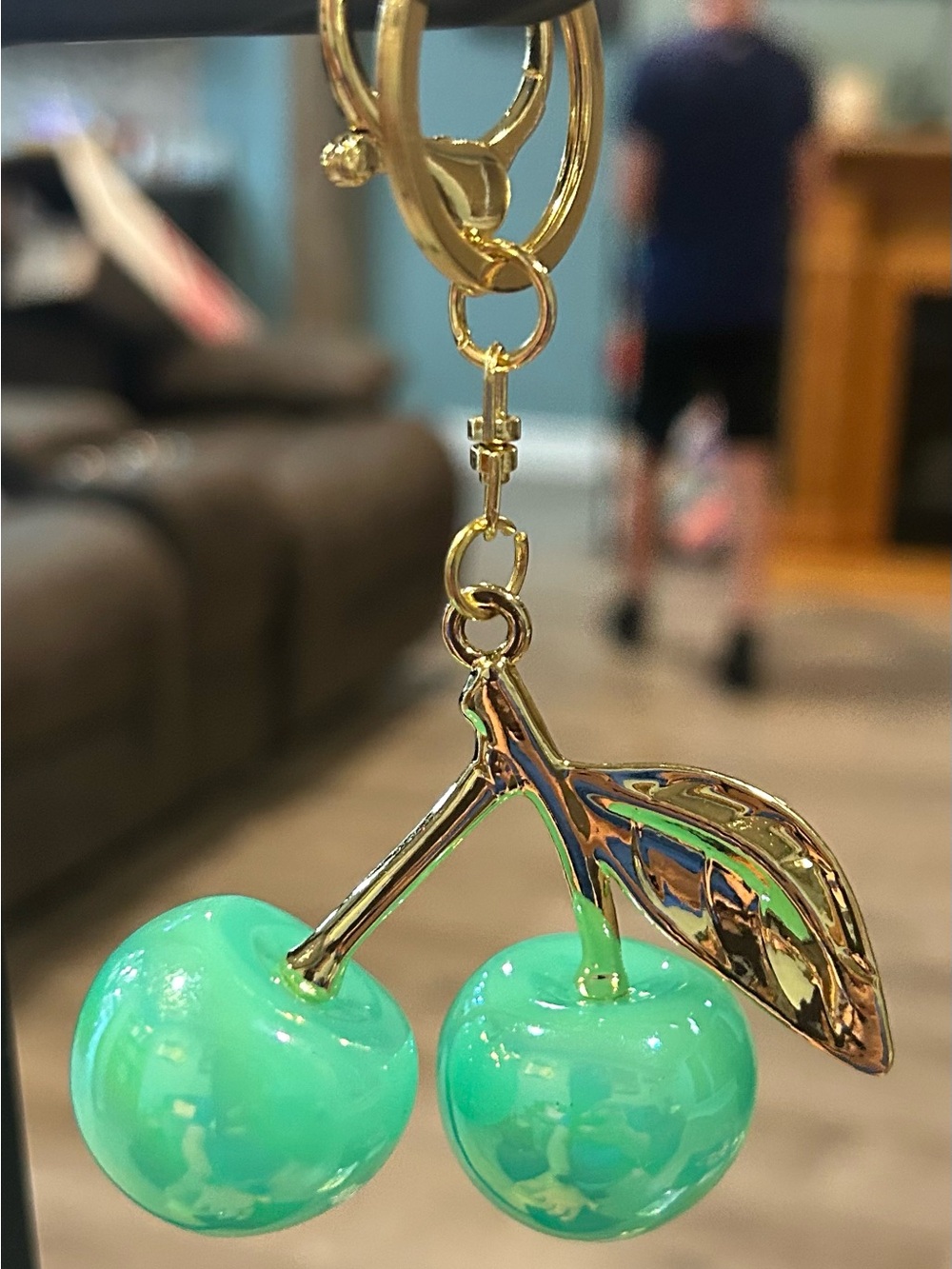 Gold Cherry Keychain with Mint Green Enamel Charms